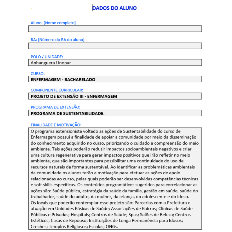 Projeto de extensão modelo pronto enfermagem iii - Anhanguera Unopar
